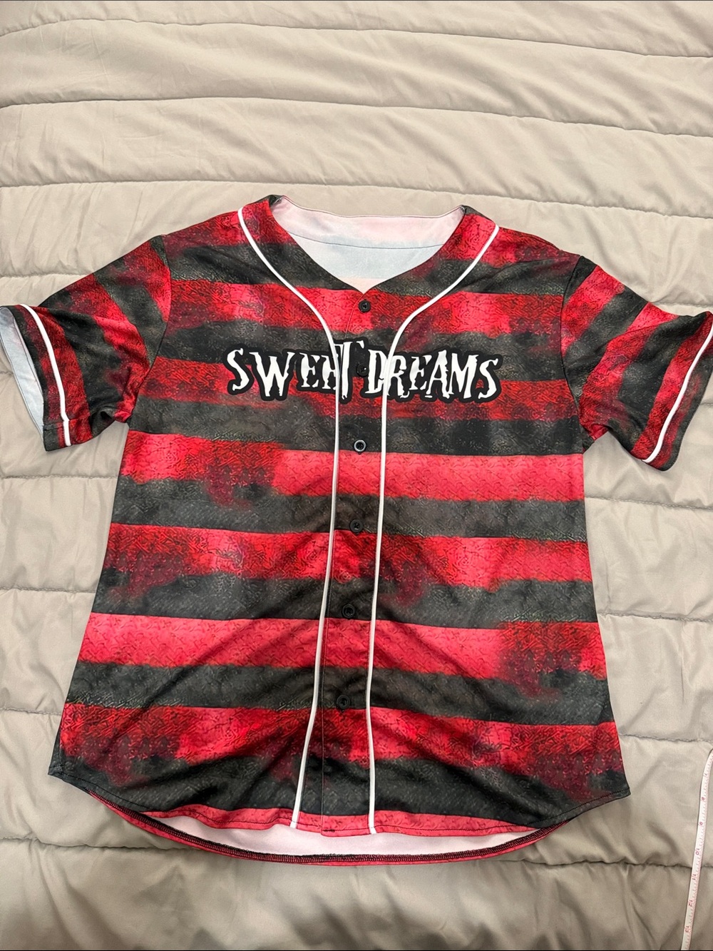 🎃Freddy Krueger🎃Red & Black Striped Button-Down Top W/ 'Sweet Dreams' Graphic